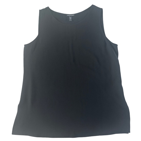 Eileen Fisher Silk Georgette Crepe Ballet Neck Tank Easy Fit Long Length Black M - Picture 4 of 10